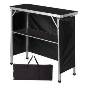 Portable Folding Bar Table with Shelf, Tradeshow Podium Table with Black Skirt and Carrying Bag, for Indoor Outdoor Party Picnic Exhibition, Blac