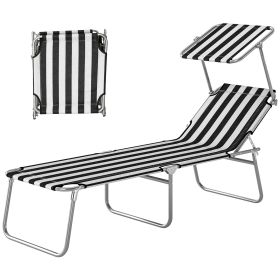 Outdoor Pool Chaise Lounge Chair, Folding Tanning Chair with Sun Shade, Black and White